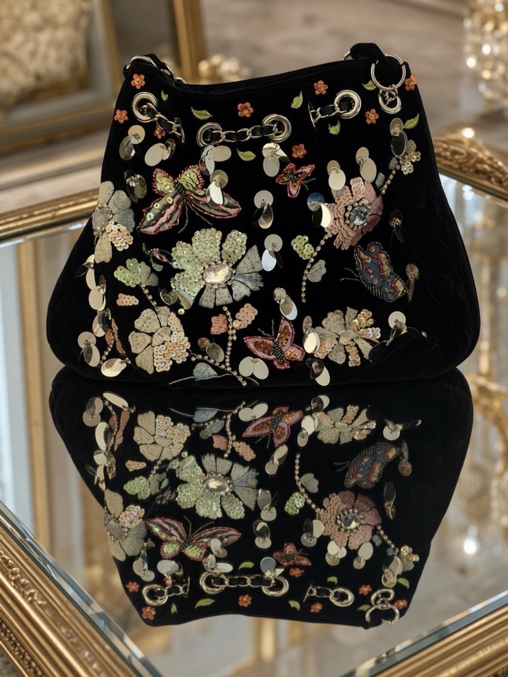 Embellished Black Velvet Shoulder Bag with Floral & Butterfly Sequins